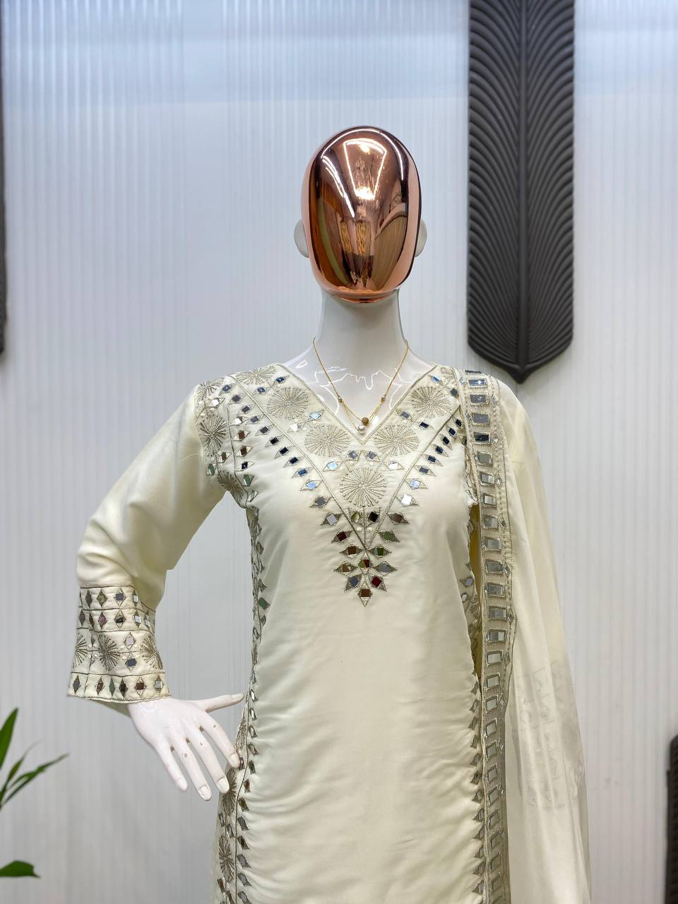 Georgette Real Mirror Work Kurti Plazzo Set with Embroidered Dupatta