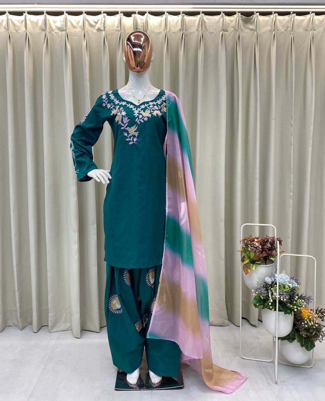Teal Green Embroidered Farsi Salwar Suit with Organza Dupatta