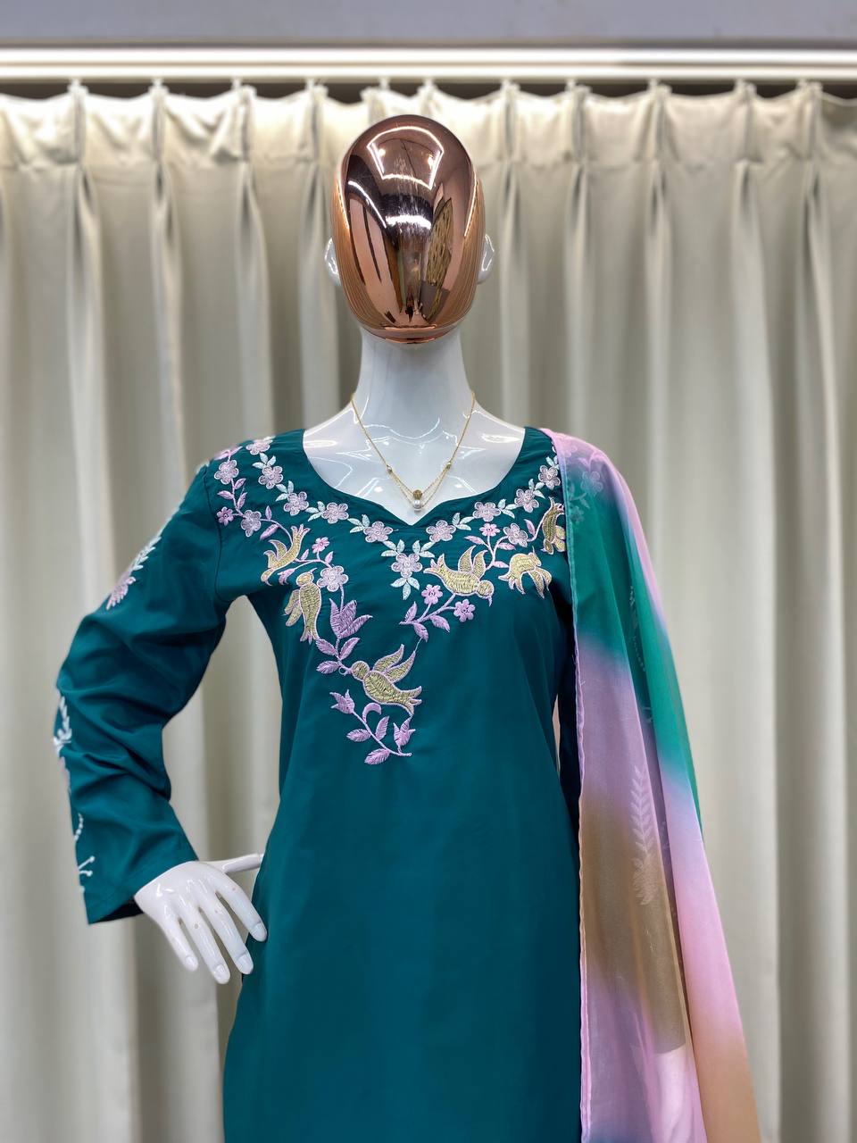 Teal Green Embroidered Farsi Salwar Suit with Organza Dupatta