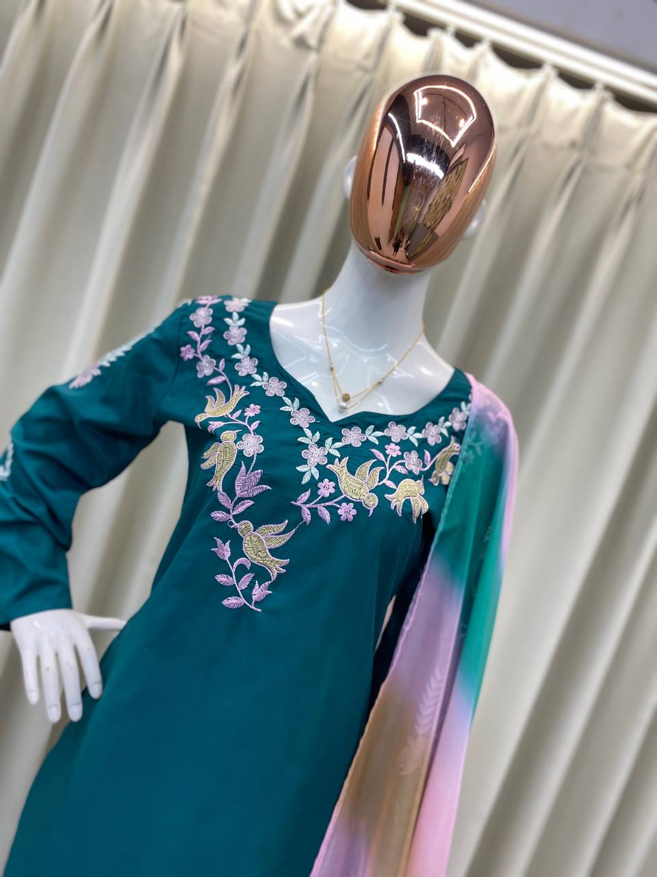 Teal Green Embroidered Farsi Salwar Suit with Organza Dupatta
