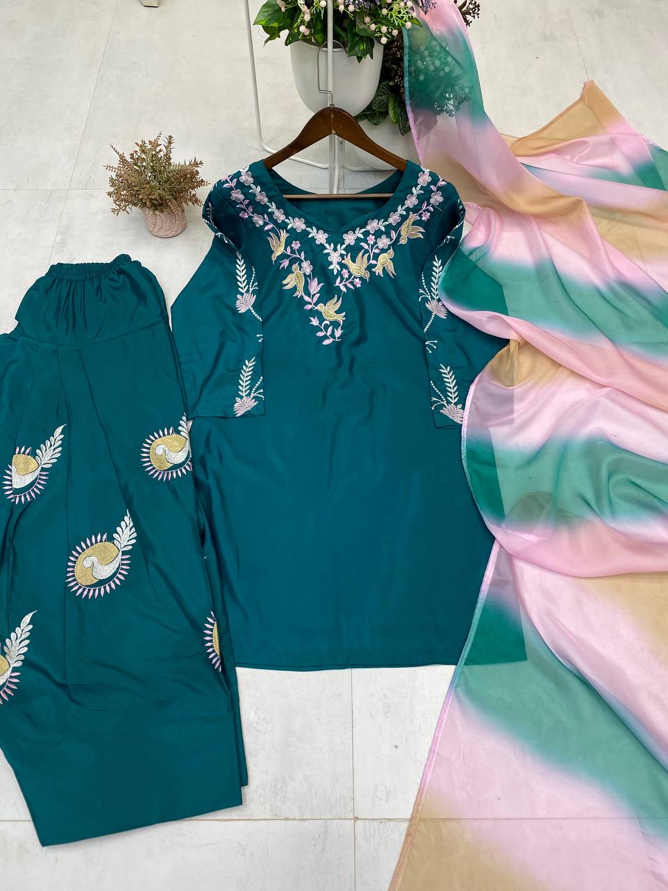 Teal Green Embroidered Farsi Salwar Suit with Organza Dupatta
