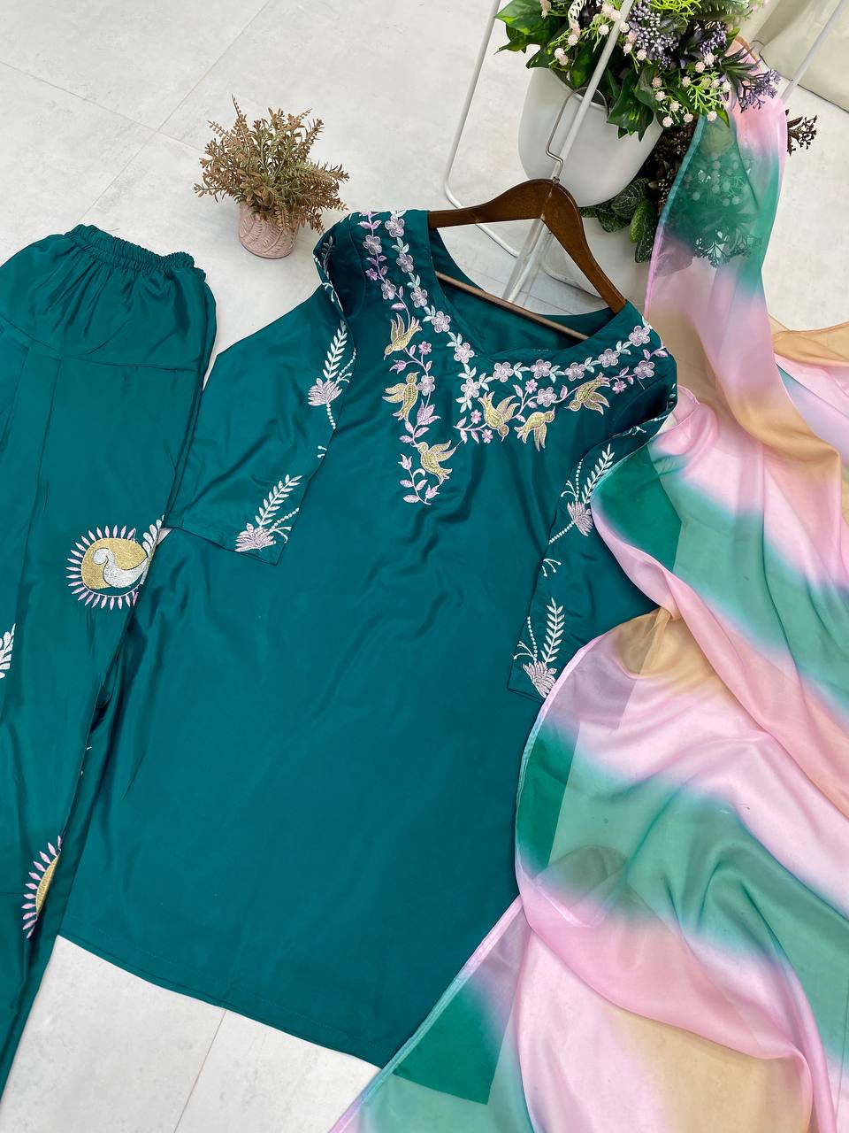 Teal Green Embroidered Farsi Salwar Suit with Organza Dupatta