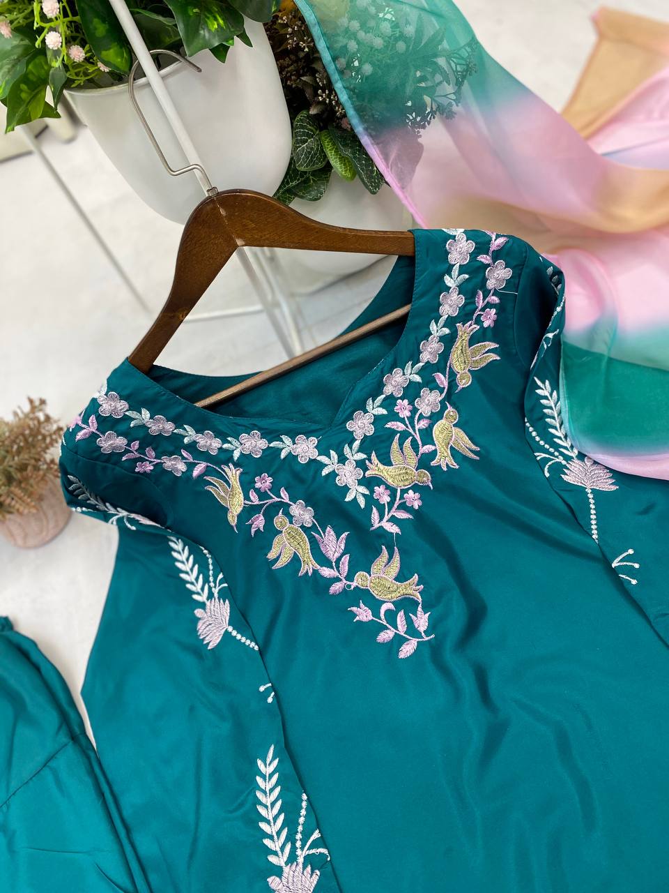Teal Green Embroidered Farsi Salwar Suit with Organza Dupatta