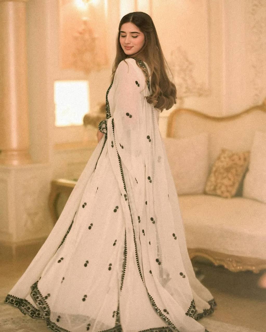 Elegant White Georgette Sequence Embroidered Anarkali Gown with Dupatta