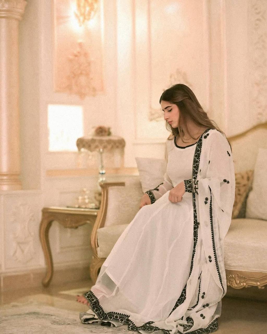 Elegant White Georgette Sequence Embroidered Anarkali Gown with Dupatta