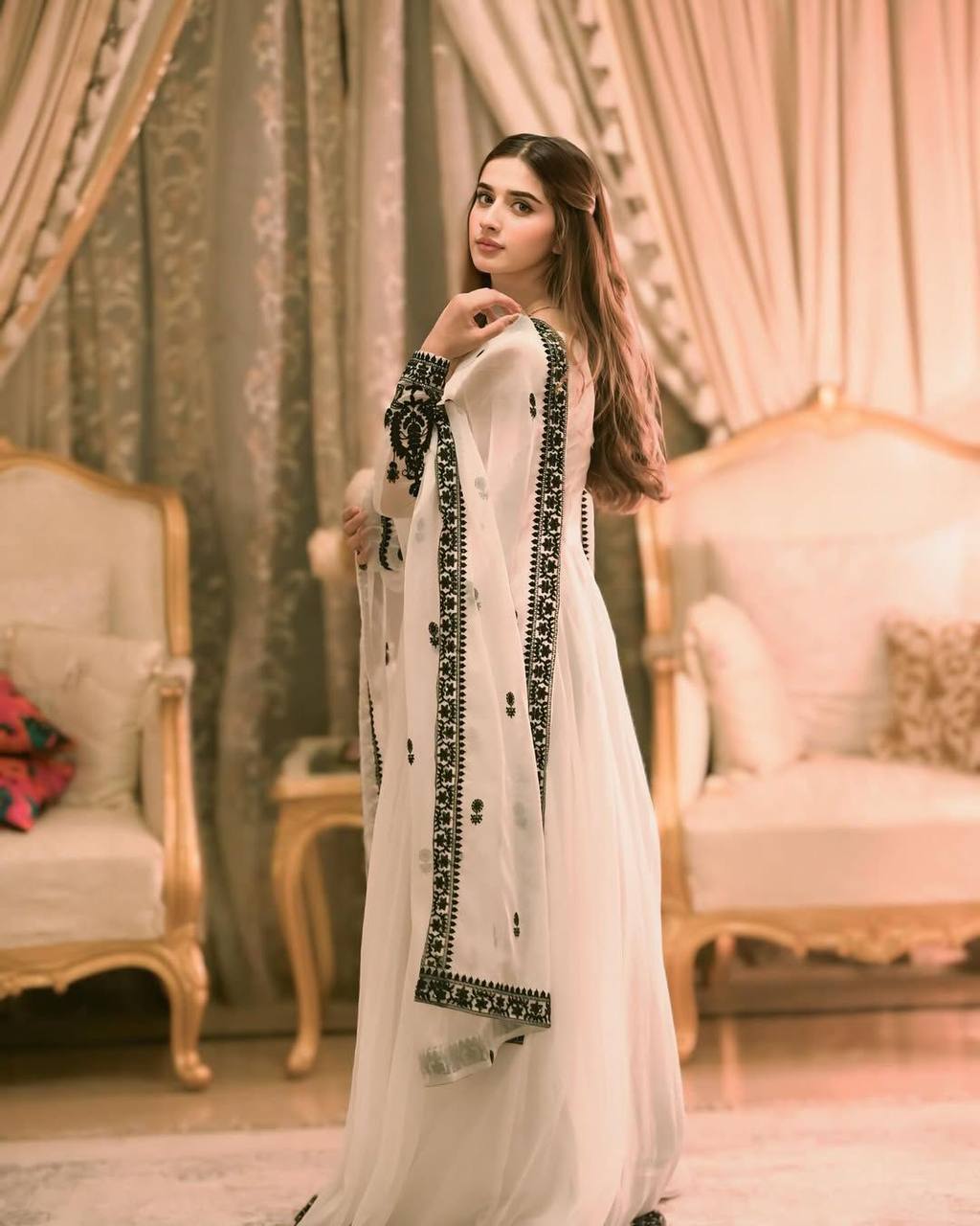 Elegant White Georgette Sequence Embroidered Anarkali Gown with Dupatta
