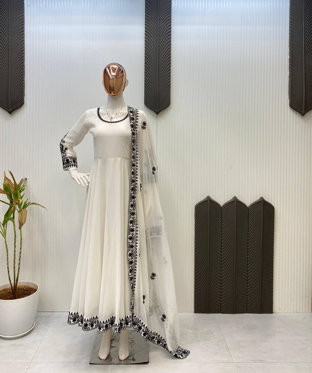 Elegant White Georgette Sequence Embroidered Anarkali Gown with Dupatta