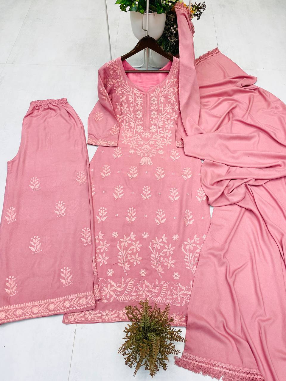 Premium Embroidered Rayon Kurta, Palazzo & Dupatta Set – Soft Pink Designer 3-Piece Suit