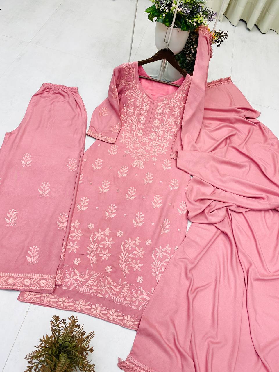 Premium Embroidered Rayon Kurta, Palazzo & Dupatta Set – Soft Pink Designer 3-Piece Suit
