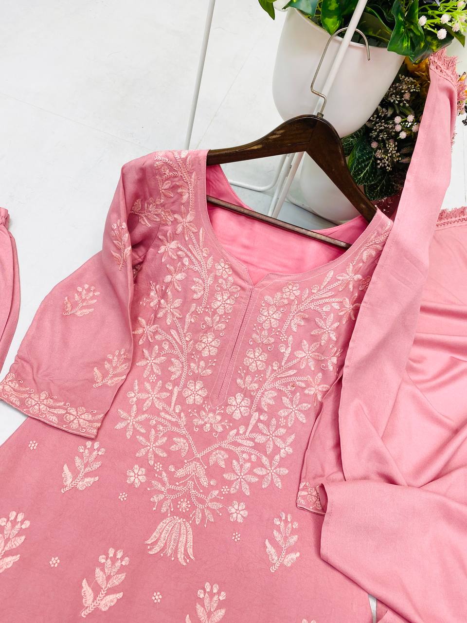 Premium Embroidered Rayon Kurta, Palazzo & Dupatta Set – Soft Pink Designer 3-Piece Suit