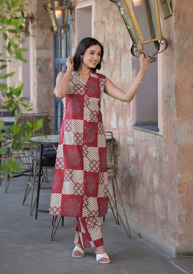 Premium Digital Print Poly Rayon Sleeveless Kurti with Matching Pant Set