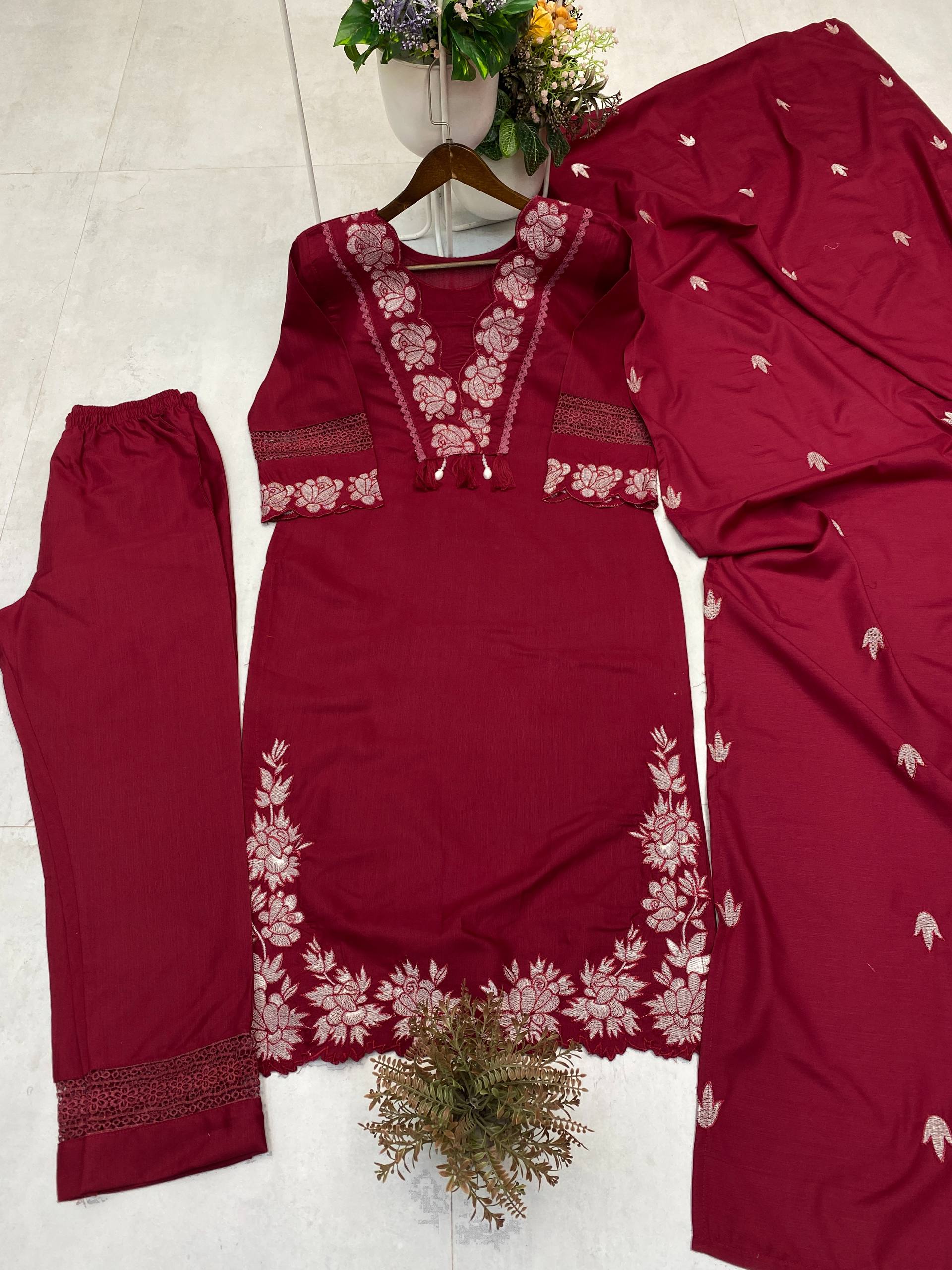 Designer Reyon Slub Cotton Embroidered Suit Set with Pant & Dupatta (Premium Comfort Collection)