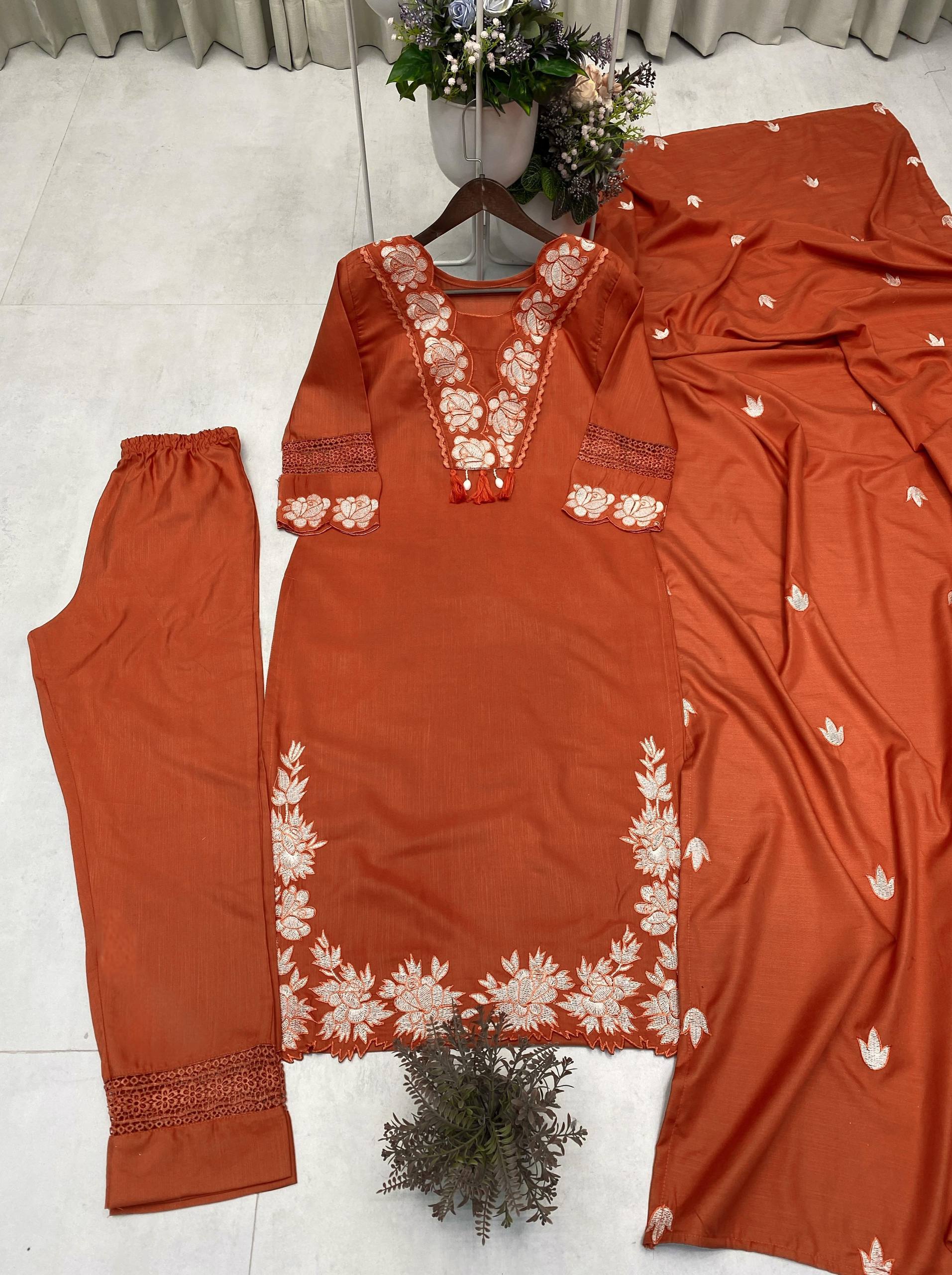 Designer Reyon Slub Cotton Embroidered Suit Set with Pant & Dupatta (Premium Comfort Collection)