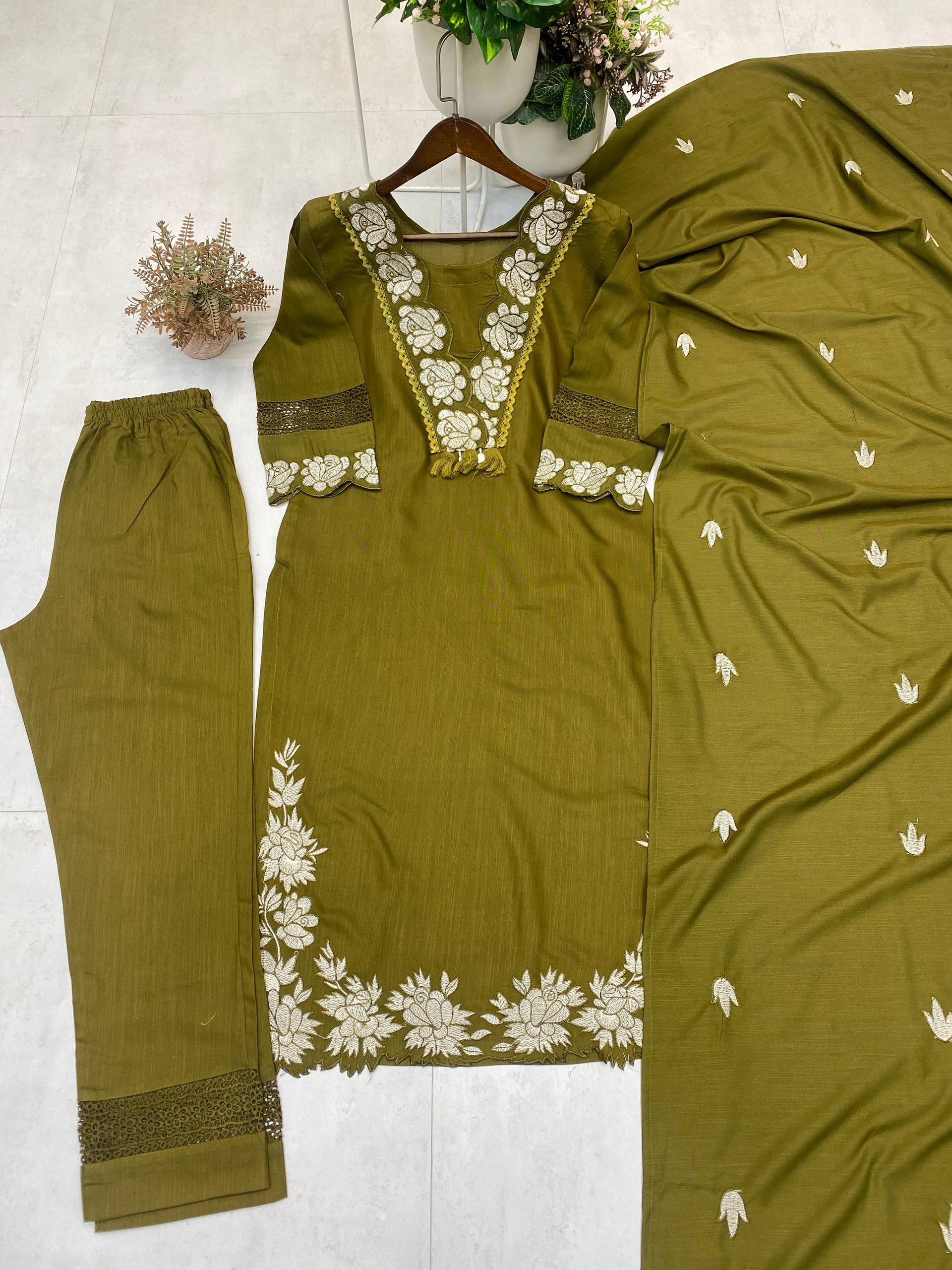 Designer Reyon Slub Cotton Embroidered Suit Set with Pant & Dupatta (Premium Comfort Collection)