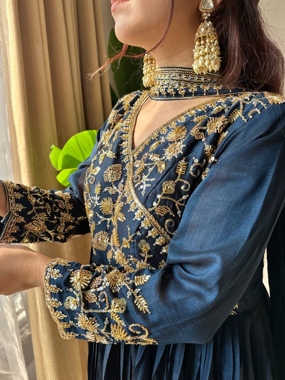 Gulnaar Blooming Vichitra Floor-Length Embroidered Suit Set with Dupatta