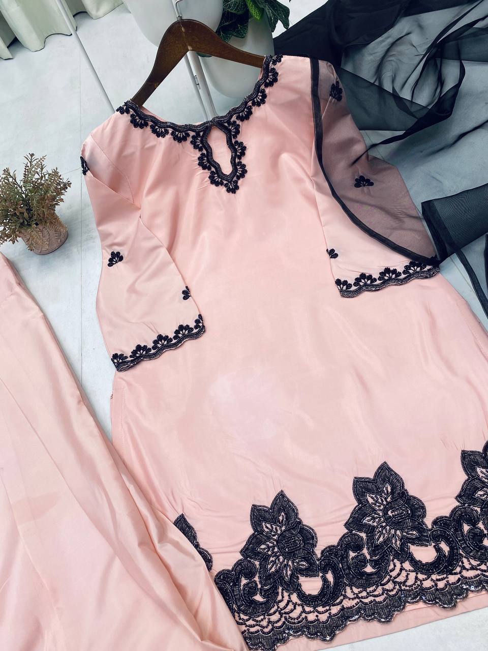 Designer French Crepe Farsi Salwar Suit with Beads & Sequence Embroidery