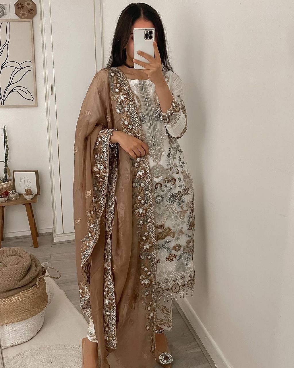 Elegant Designer Faux Georgette Ensemble with Embroidered Work