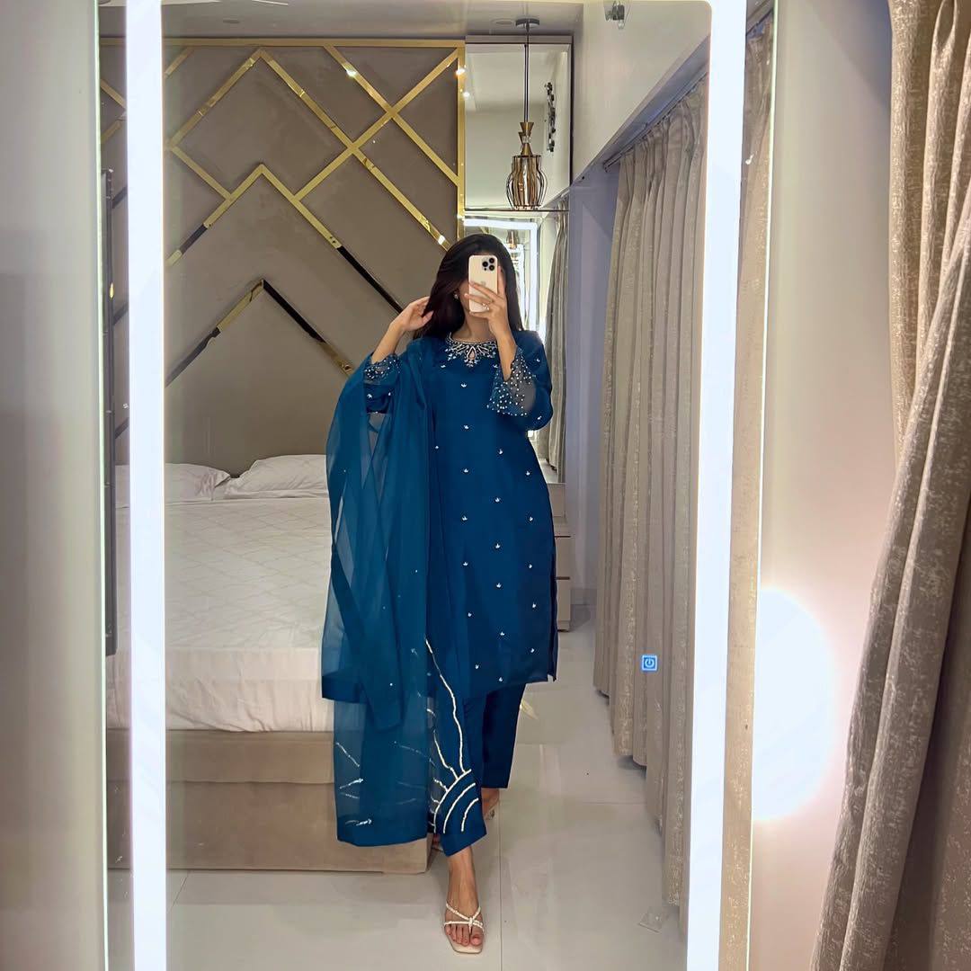 Moss Satin Embroidered Kurti Pant Set with Organza Sleeves & Sequence Work Dupatta