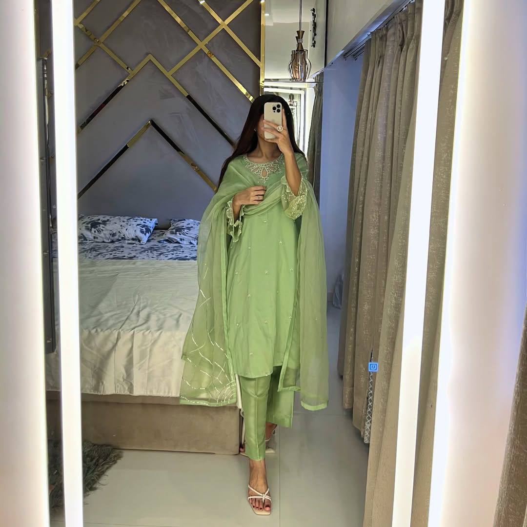 Moss Satin Embroidered Kurti Pant Set with Organza Sleeves & Sequence Work Dupatta
