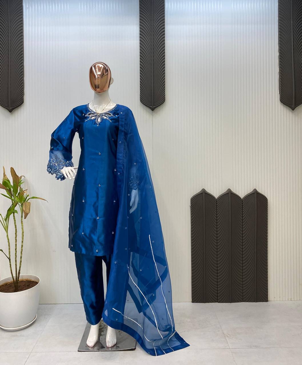 Moss Satin Embroidered Kurti Pant Set with Organza Sleeves & Sequence Work Dupatta