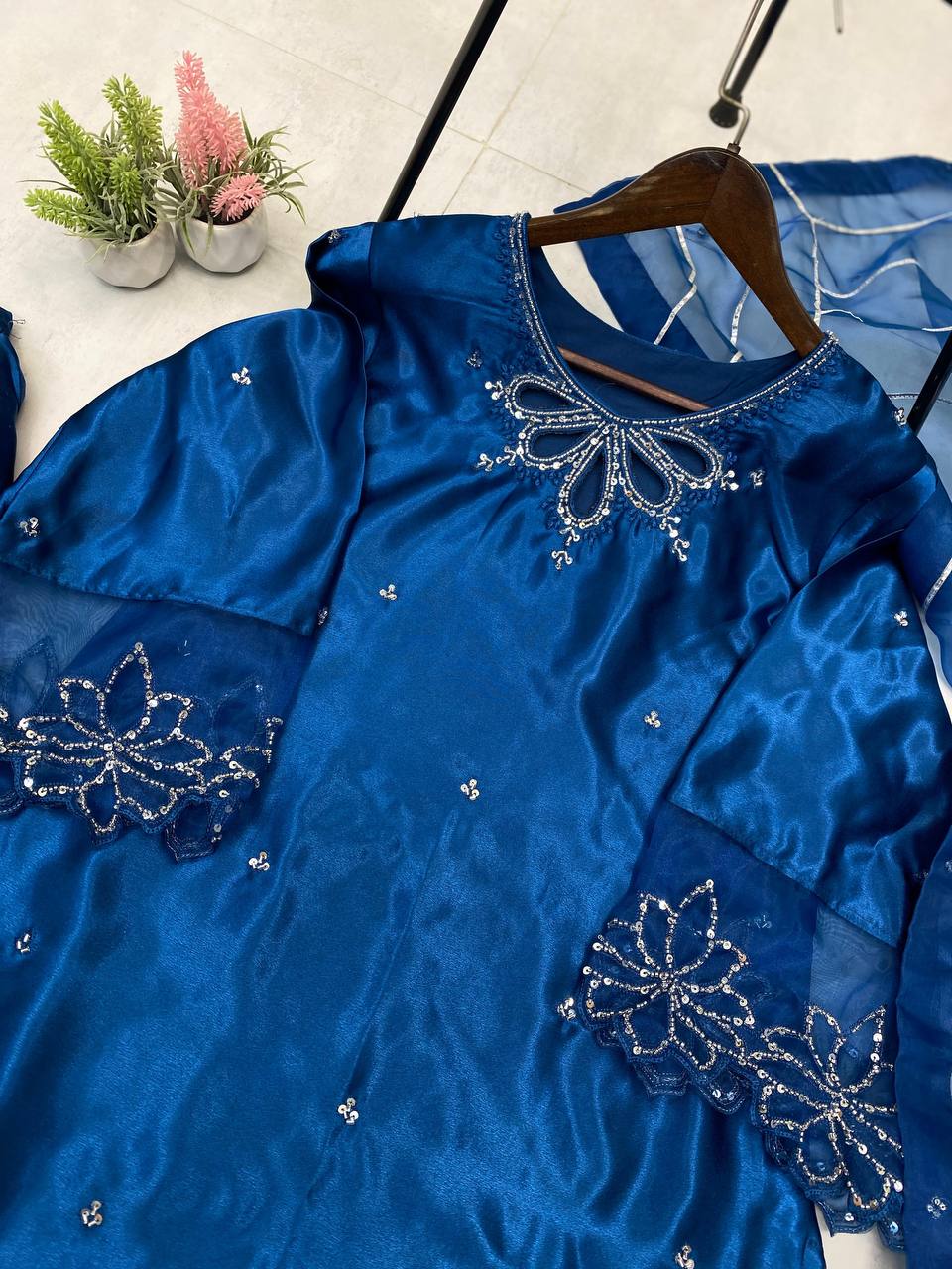 Moss Satin Embroidered Kurti Pant Set with Organza Sleeves & Sequence Work Dupatta