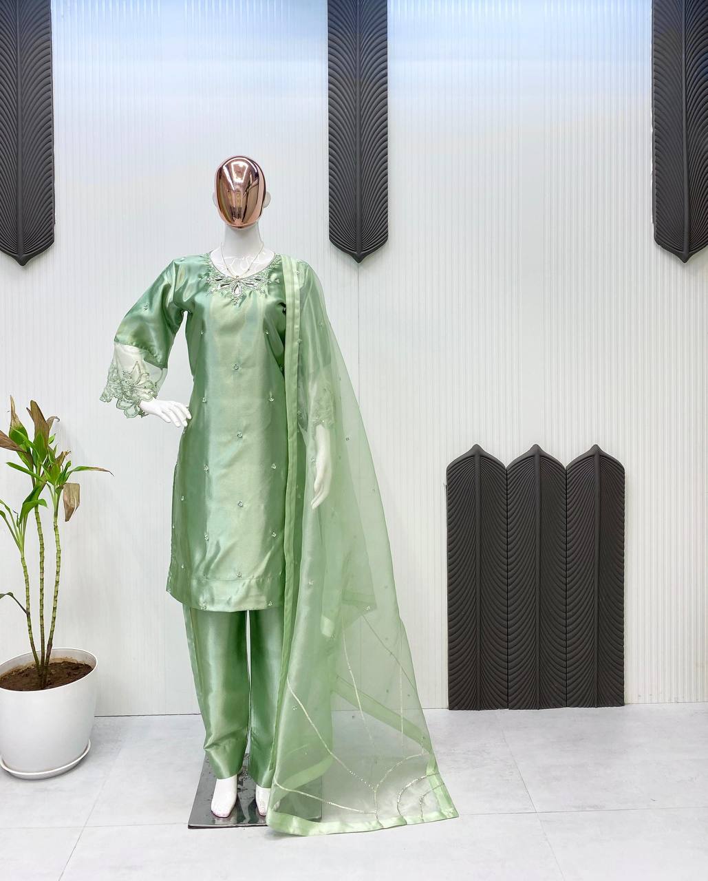 Moss Satin Embroidered Kurti Pant Set with Organza Sleeves & Sequence Work Dupatta