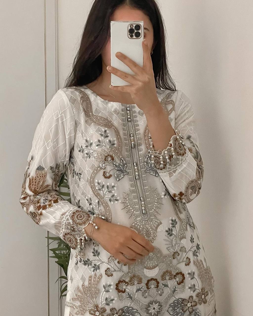 Elegant Designer Faux Georgette Ensemble with Embroidered Work