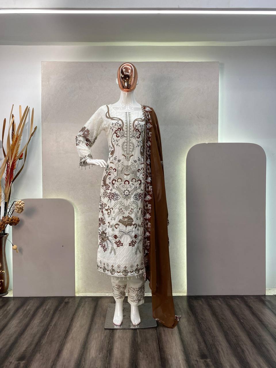 Elegant Designer Faux Georgette Ensemble with Embroidered Work