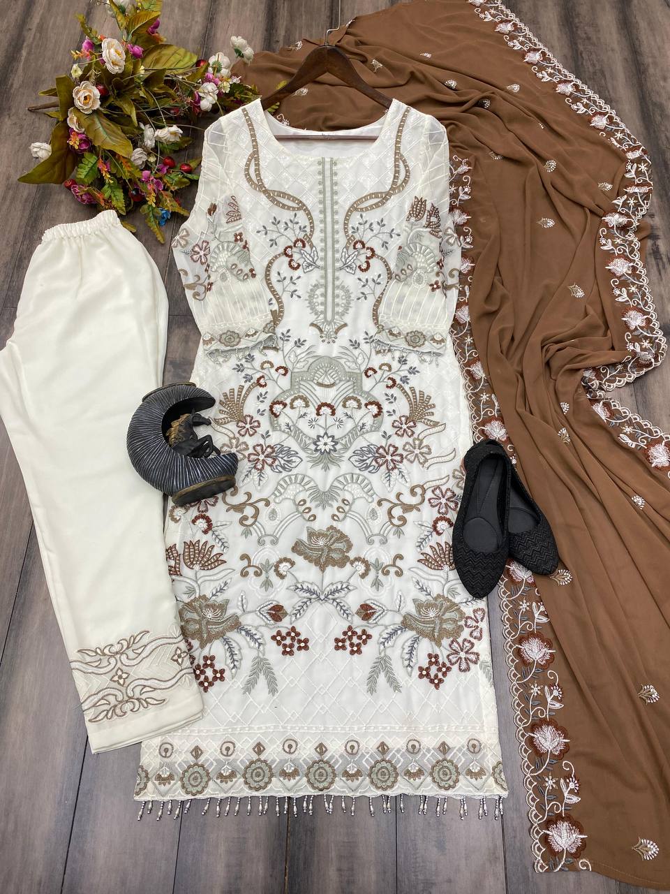 Elegant Designer Faux Georgette Ensemble with Embroidered Work