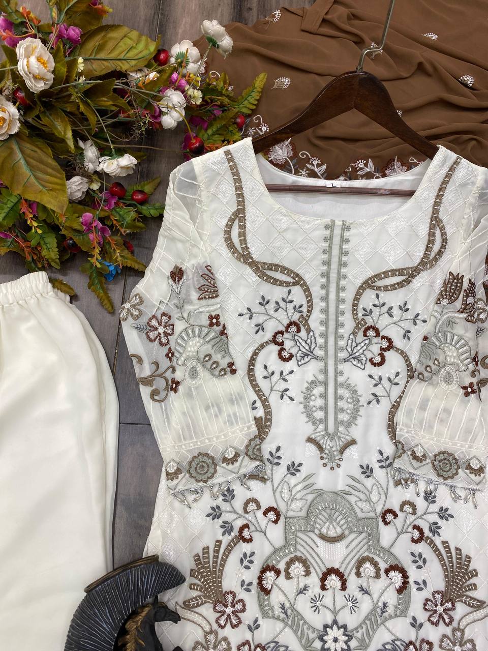 Elegant Designer Faux Georgette Ensemble with Embroidered Work