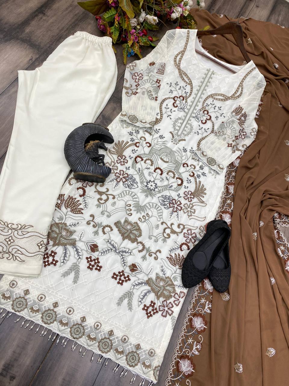 Elegant Designer Faux Georgette Ensemble with Embroidered Work