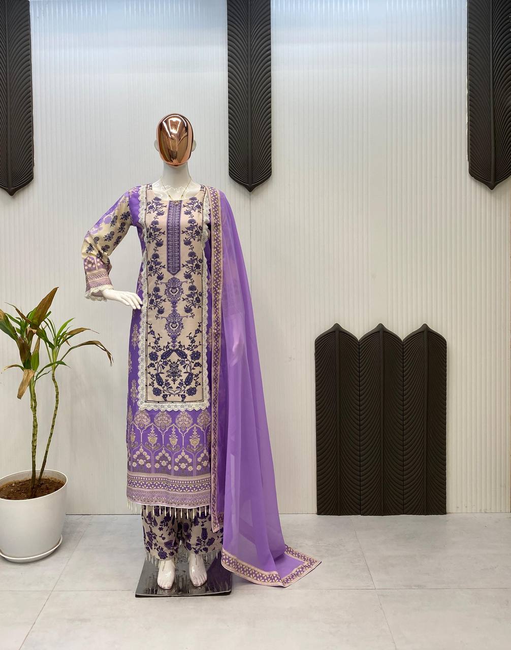 Maslin Real Mirror Work Kurti Pant Set with Georgette Printed Lace Dupatta