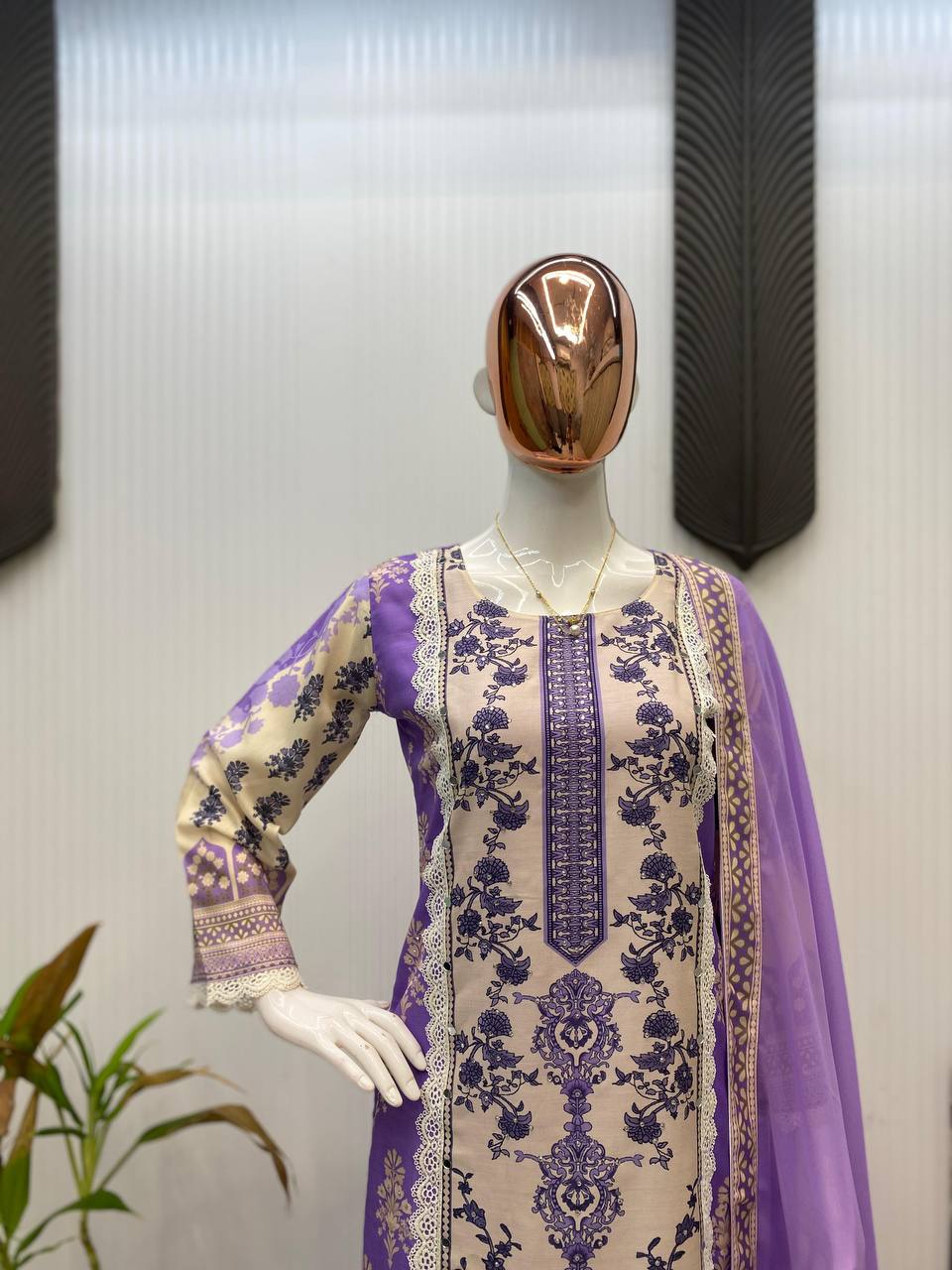 Maslin Real Mirror Work Kurti Pant Set with Georgette Printed Lace Dupatta