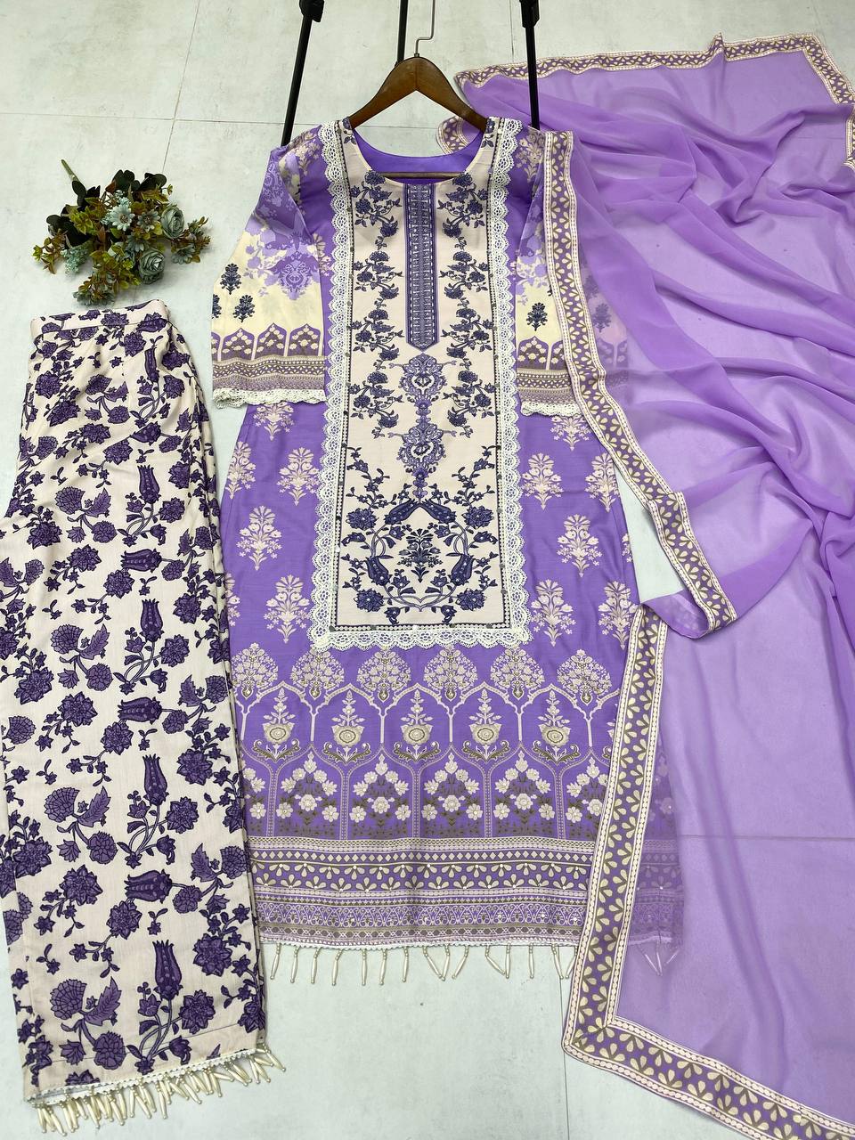 Maslin Real Mirror Work Kurti Pant Set with Georgette Printed Lace Dupatta