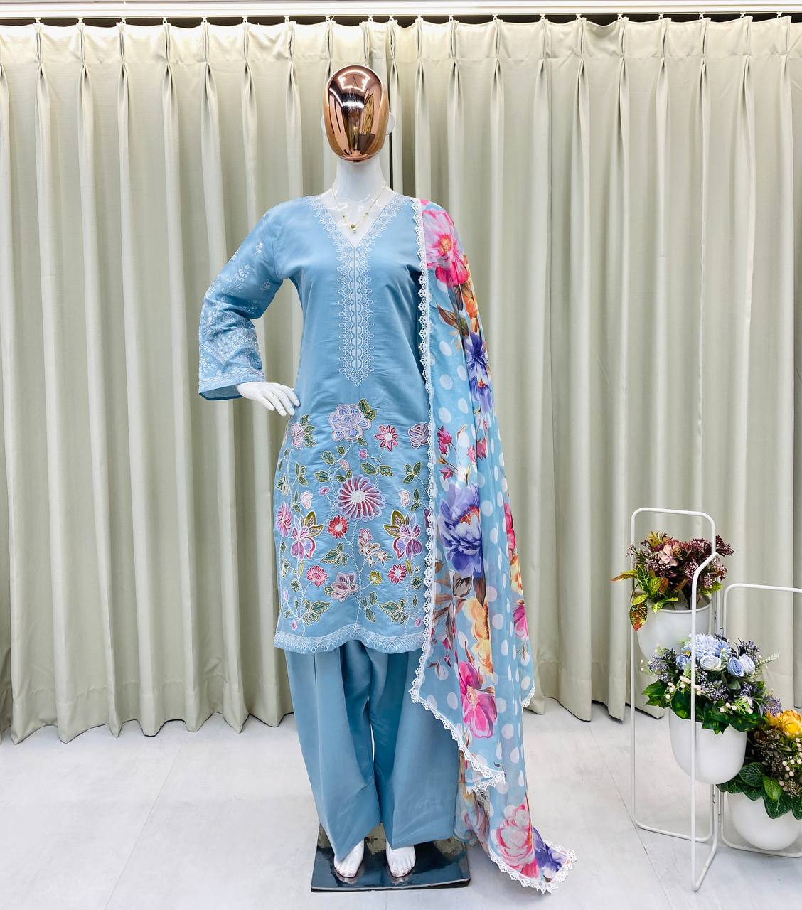 Roman Silk Heavy Embroidery Farsi Salwar Suit with Organza Printed Dupatta