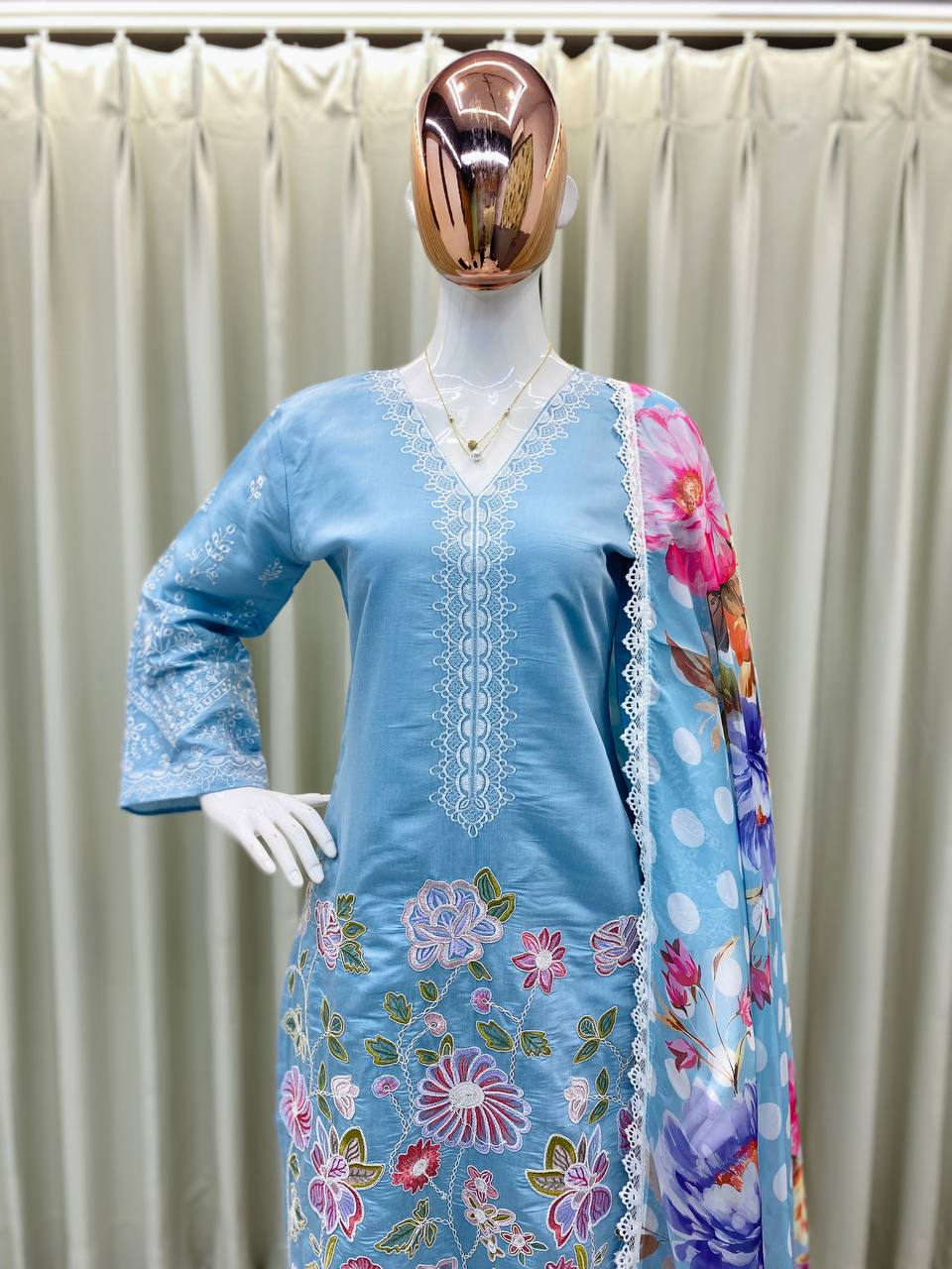 Roman Silk Heavy Embroidery Farsi Salwar Suit with Organza Printed Dupatta