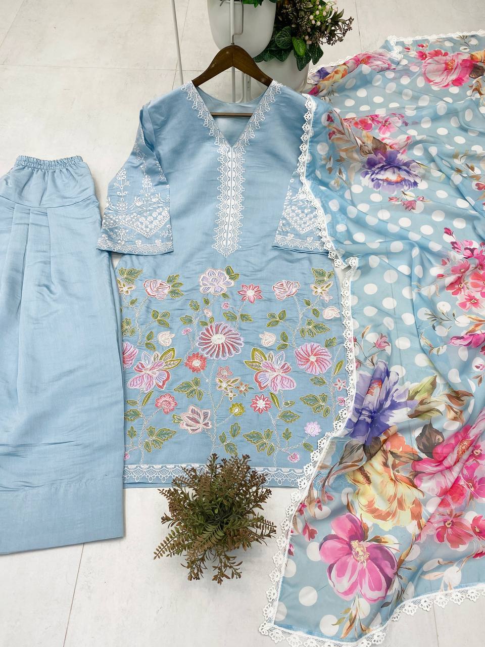 Roman Silk Heavy Embroidery Farsi Salwar Suit with Organza Printed Dupatta