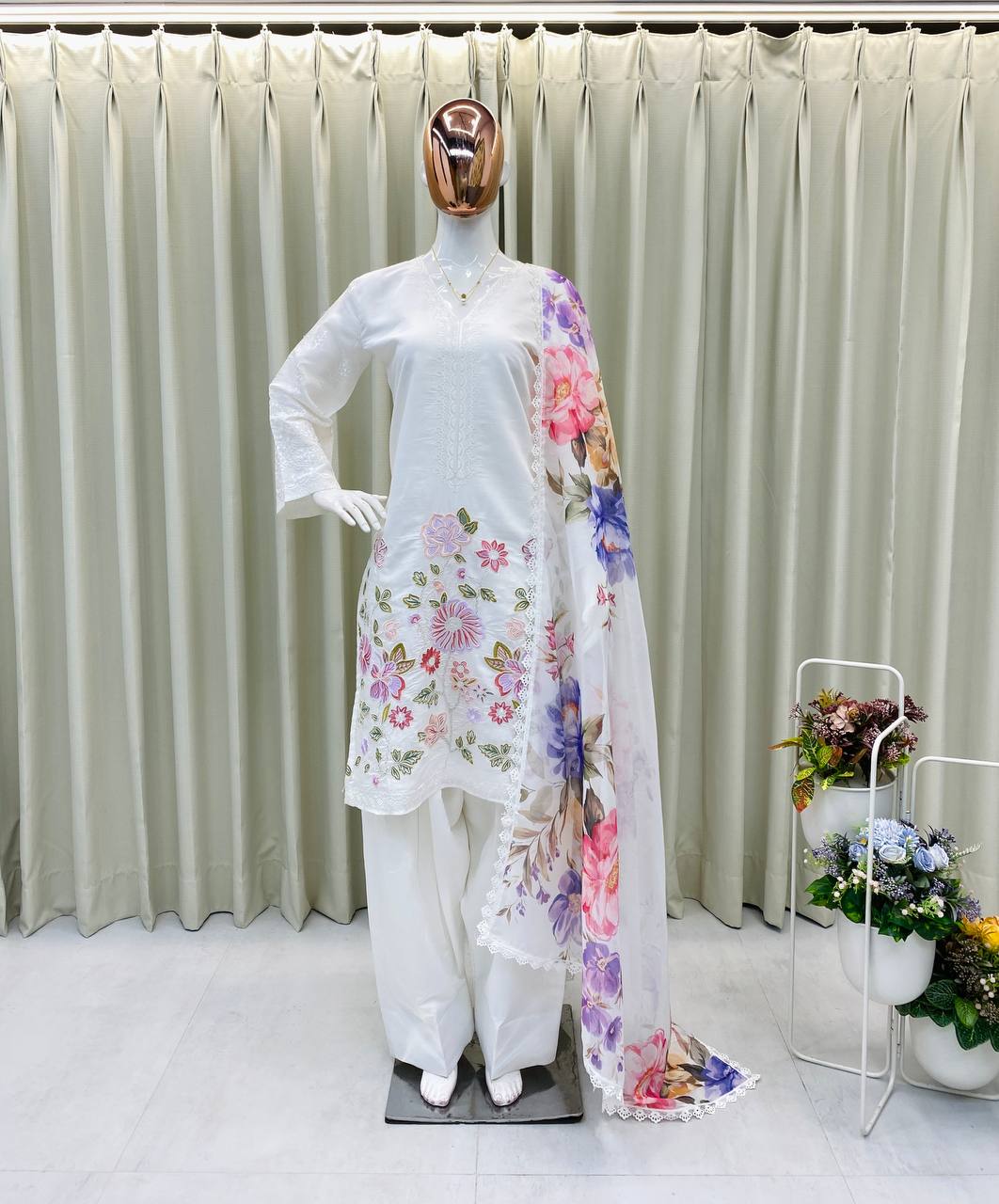 Roman Silk Heavy Embroidery Farsi Salwar Suit with Organza Printed Dupatta