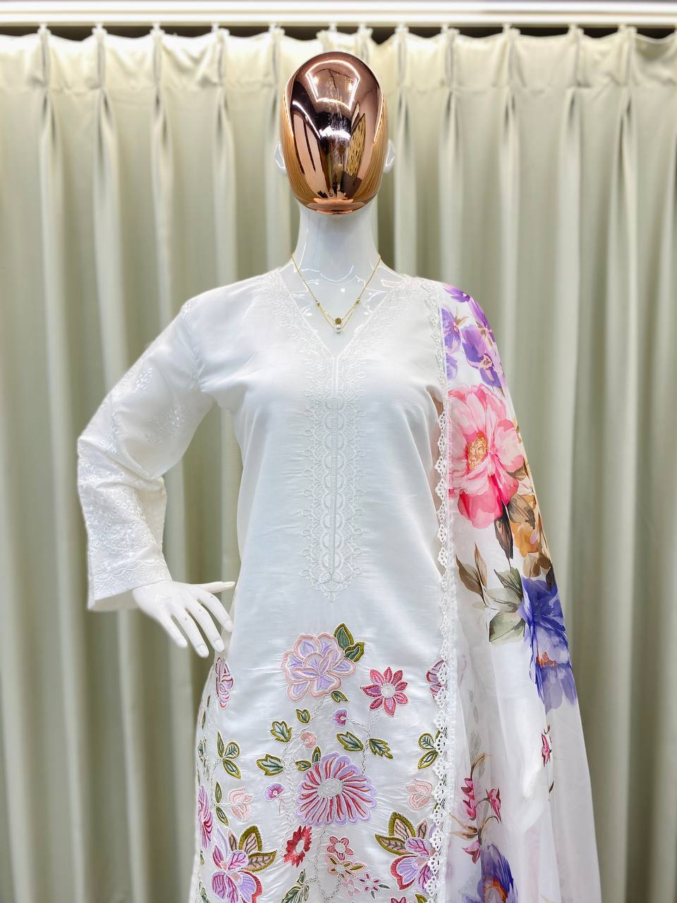 Roman Silk Heavy Embroidery Farsi Salwar Suit with Organza Printed Dupatta