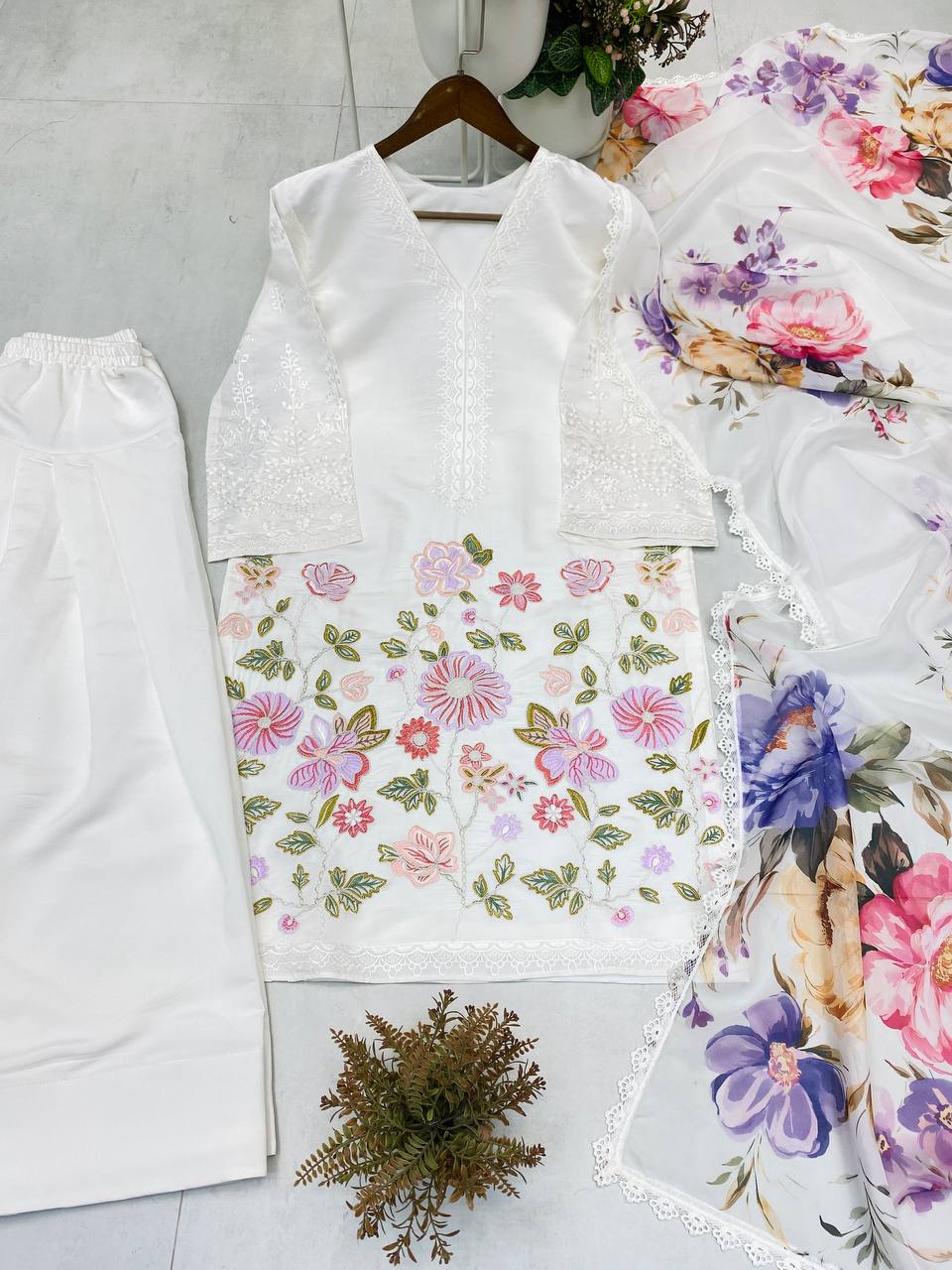 Roman Silk Heavy Embroidery Farsi Salwar Suit with Organza Printed Dupatta