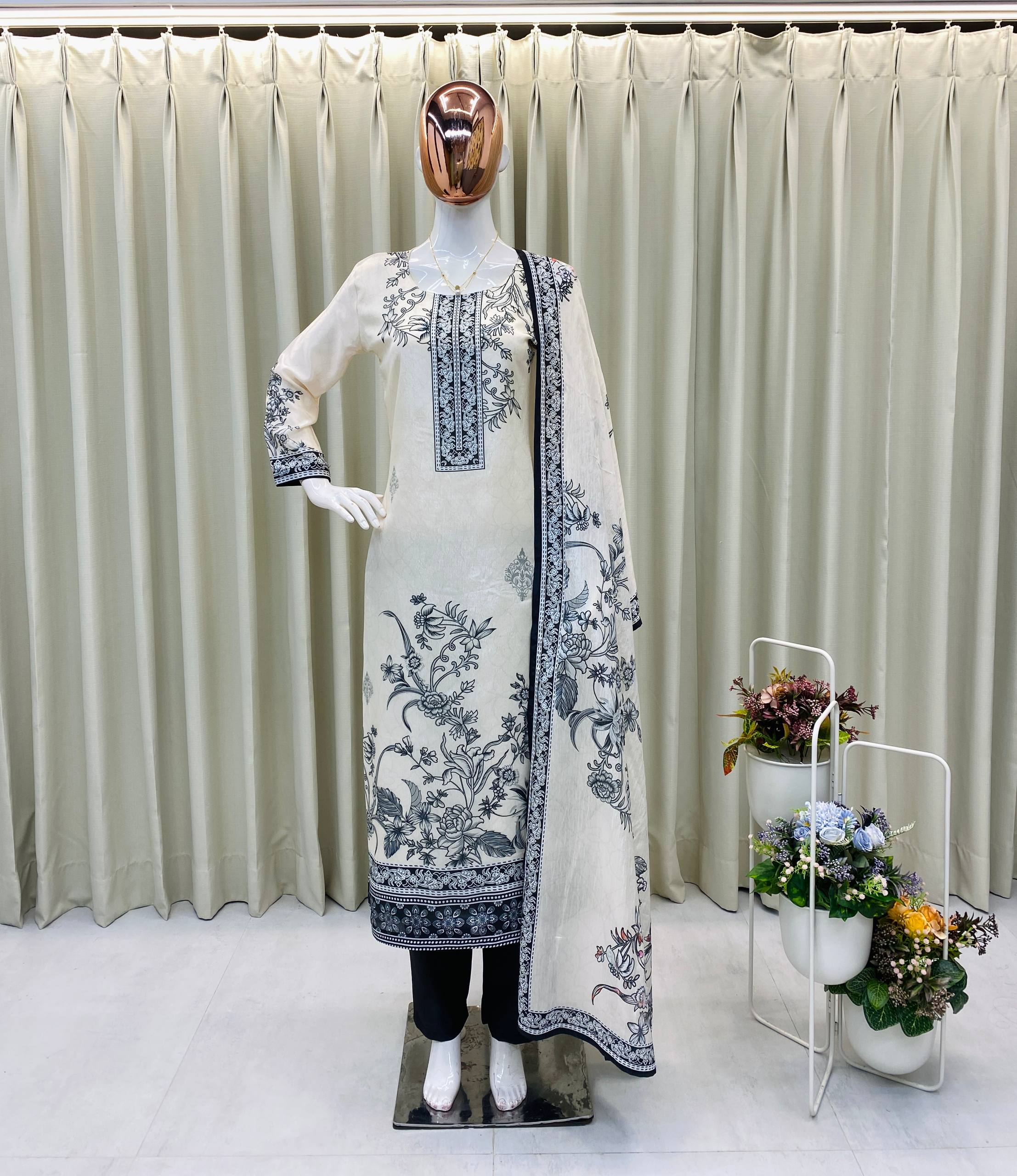 Designer Printed Chinon Kurta Pant Suit With Matching Printed Dupatta