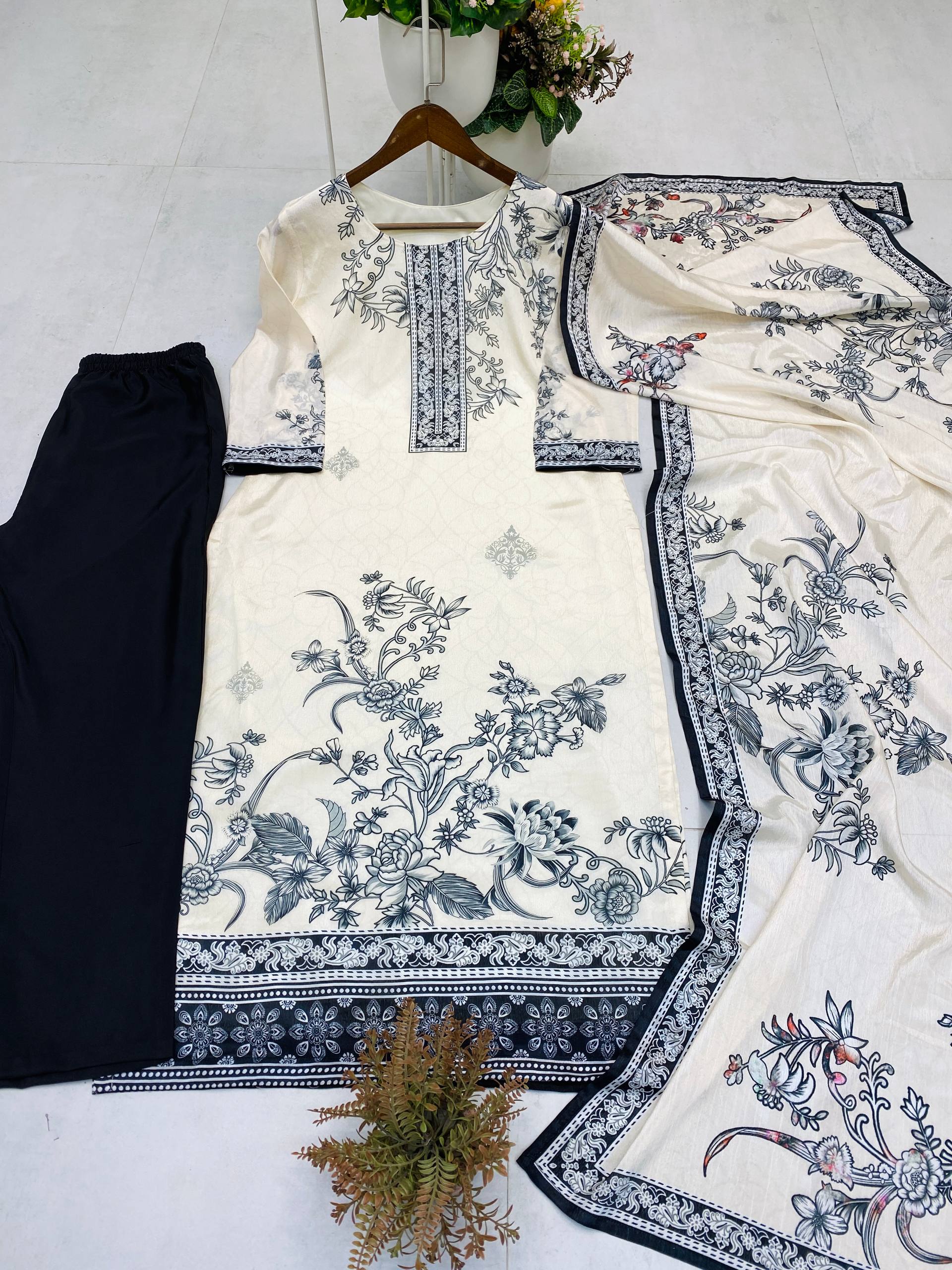 Designer Printed Chinon Kurta Pant Suit With Matching Printed Dupatta