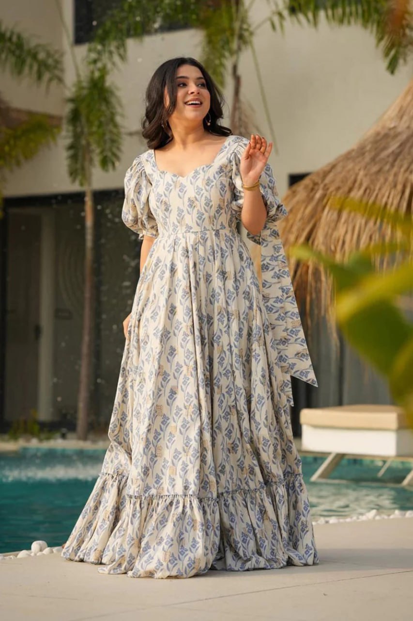 Premium Blue Blossom Camric Cotton Fit & Flare Gown with Balloon Sleeves