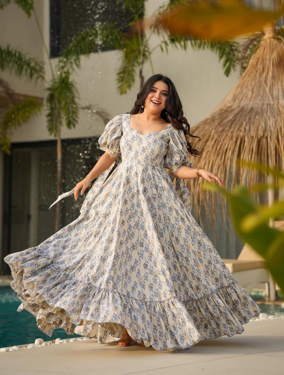 Premium Blue Blossom Camric Cotton Fit & Flare Gown with Balloon Sleeves