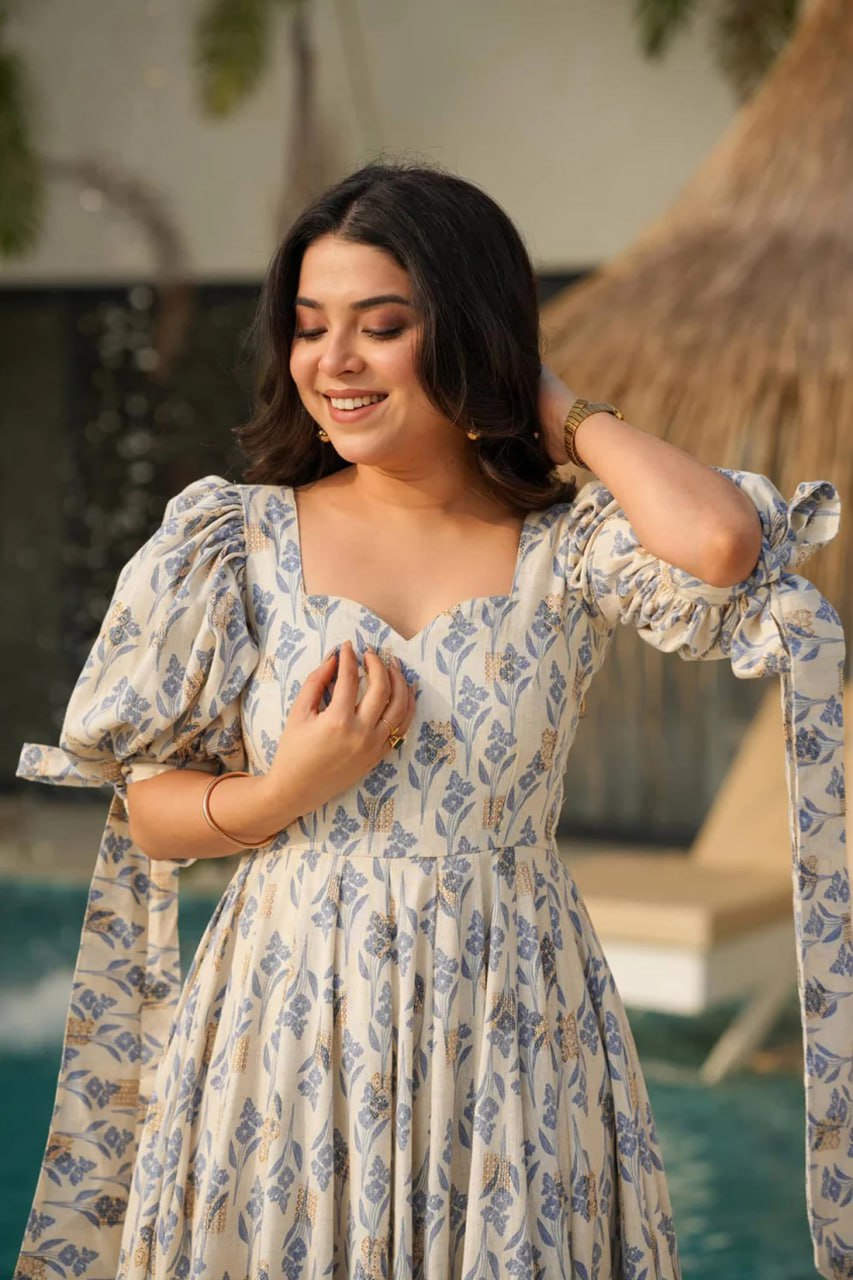 Premium Blue Blossom Camric Cotton Fit & Flare Gown with Balloon Sleeves