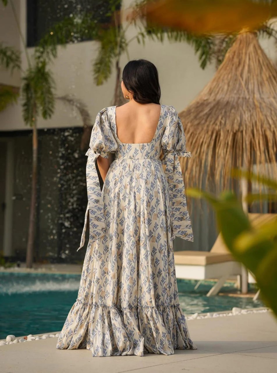 Premium Blue Blossom Camric Cotton Fit & Flare Gown with Balloon Sleeves