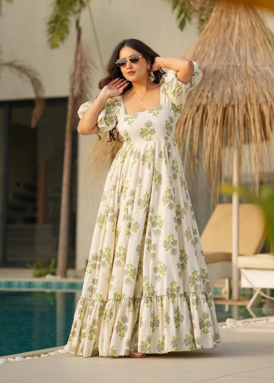 Elegant Pastel Green Printed Camric Cotton Maxi Gown with Heavy Flair
