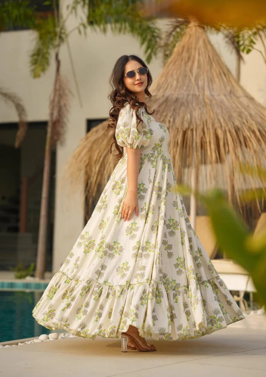 Elegant Pastel Green Printed Camric Cotton Maxi Gown with Heavy Flair