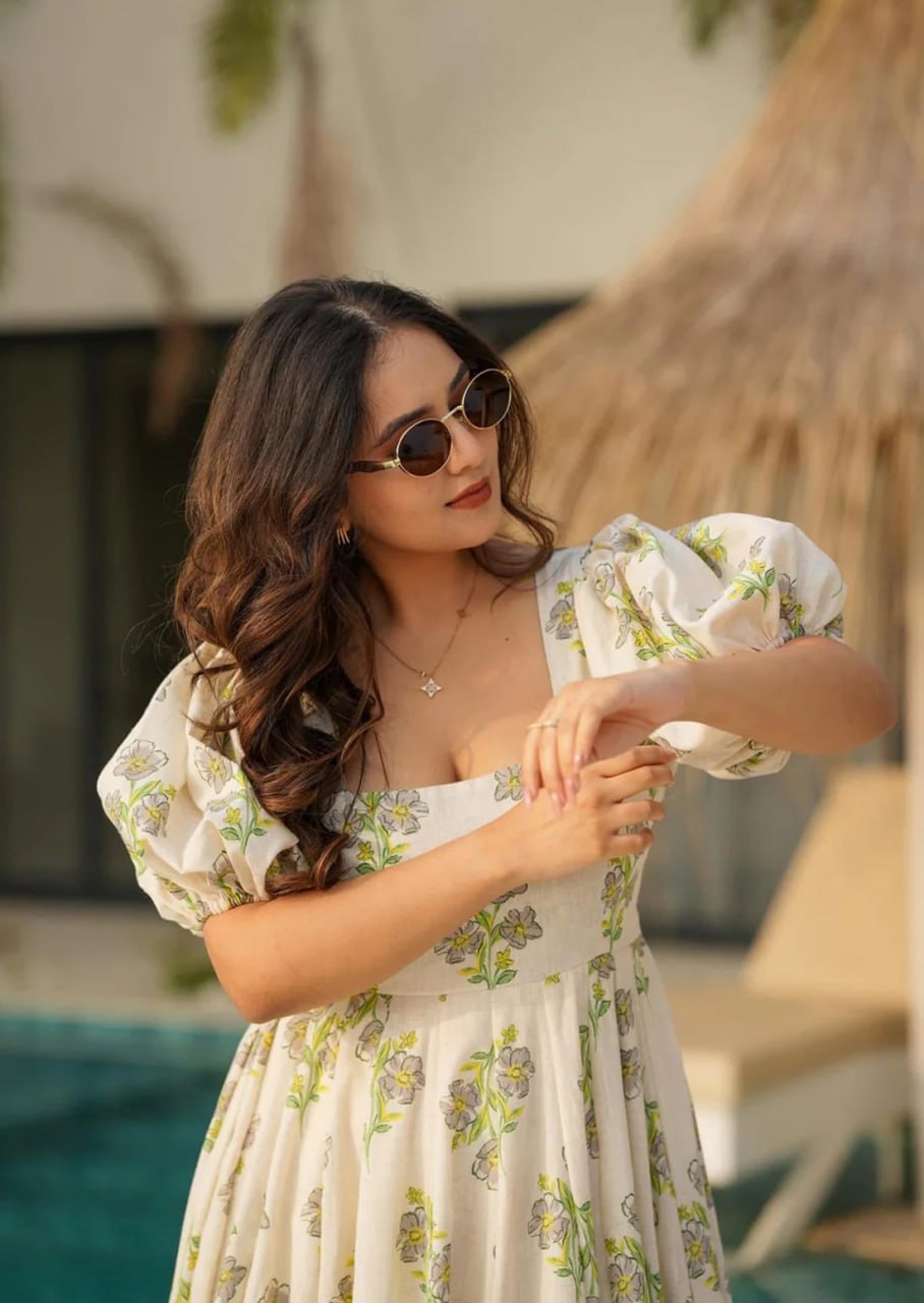 Elegant Pastel Green Printed Camric Cotton Maxi Gown with Heavy Flair