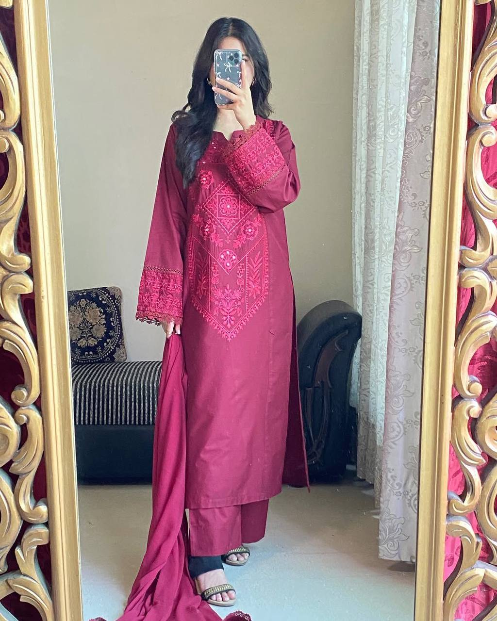 Roman Silk Embroidered Kurti Pant Set with Georgette GPO Lace Dupatta